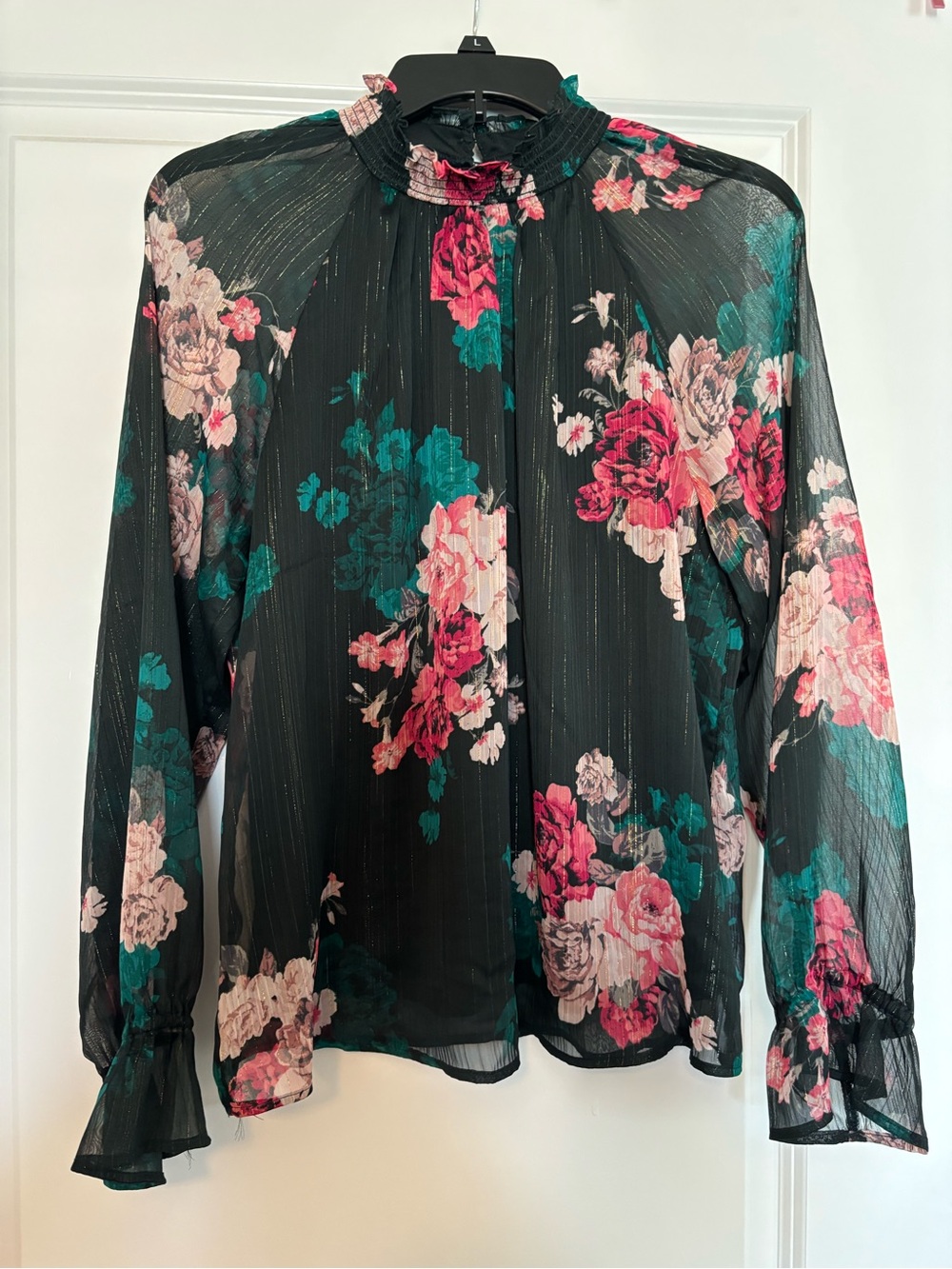 LC Lauren Conrad Floral Ruffle-Neck Blouse with Pink & Teal Flowers